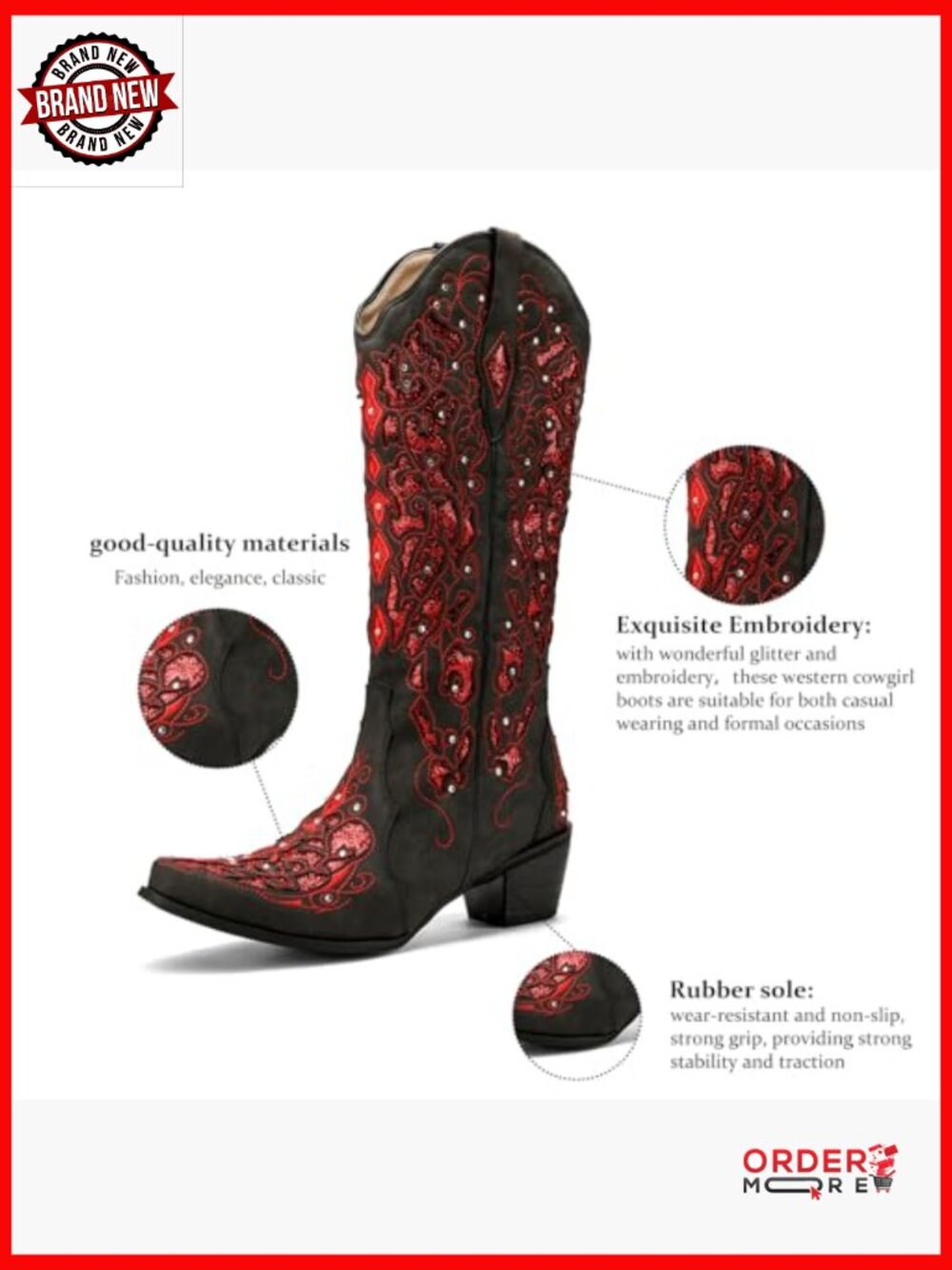 Mid Calf Cowboy Boots Rhinestone Glitter Chunky Heel Western Boots - Picture 4 of 6